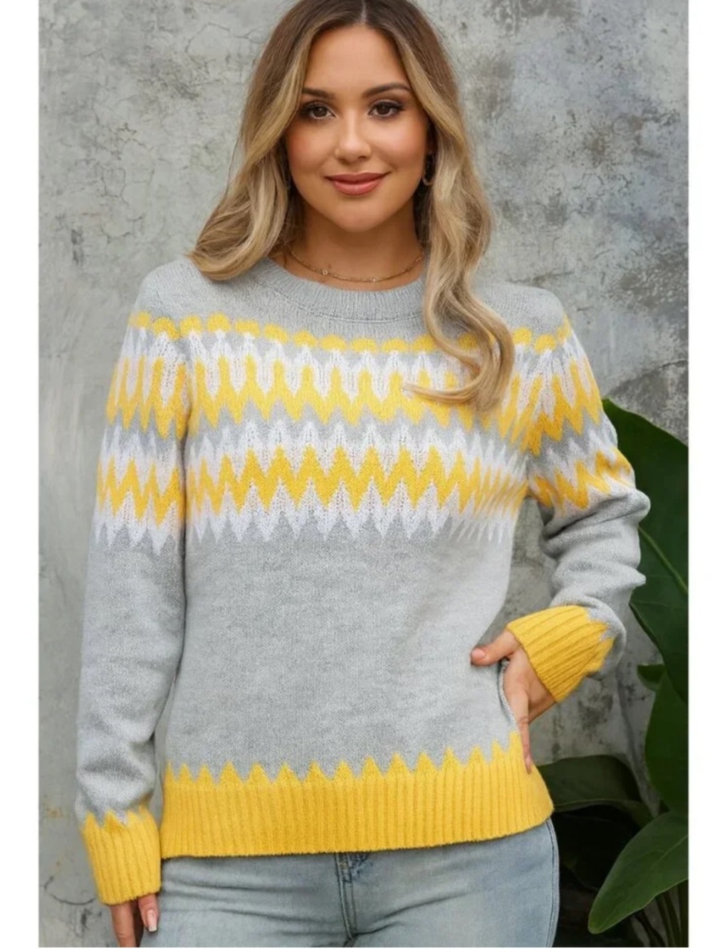 Loft Gray/Yellow/White Fair Isle Sweater Size Large Petite